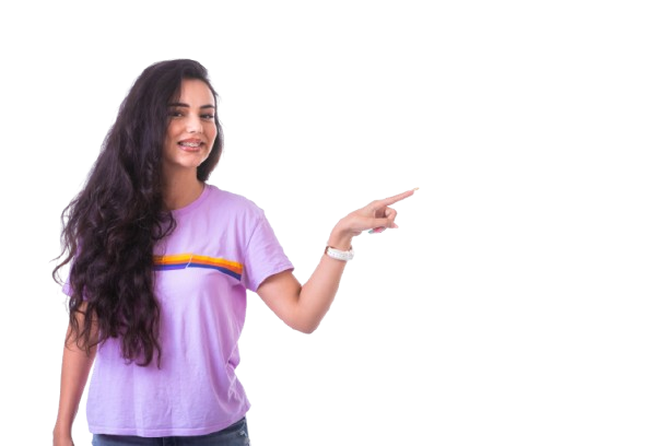 Smiling woman pointing right